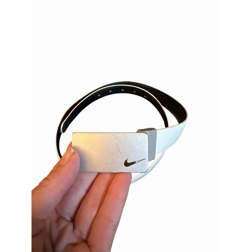 Nike Golf E.86 Leather Belt White Size L 34-38in Silver Buckle 1” Width